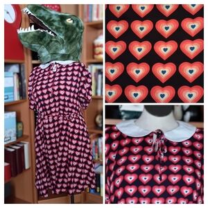 Unique Vintage Heart Print Peter Pan Collar Dress with Belt